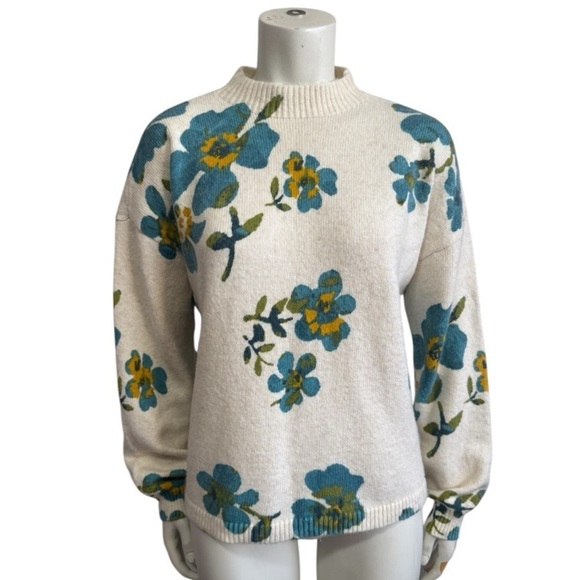 LOFT floral ivory teal cotton blend mock neck pullover sweater women's small - Picture 9 of 16